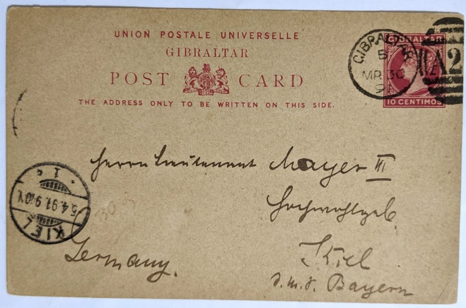 Gibraltar británico--Teniente Mayer, SMS "Bayern", Kiel, DE/Rojo, 10 centavos. PSC/3/30/1891 Foto 1 de 2