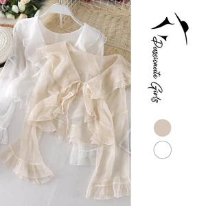 Fashionable Sun Protection Cardigan Top with Cropped Length and Ruffles - Picture 1 of 6