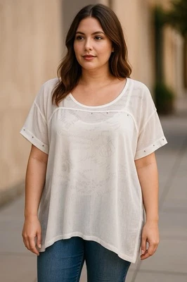 Top túnica con tachuelas transparentes blancas sombra de ojos para mujer 1X | capas manga corta Foto 1 de 4