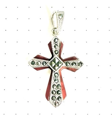 COLGANTE CRUZ PIEDRAS CORNALINA con marcasita .925 PLATA ESTERLINA Foto 1 de 4