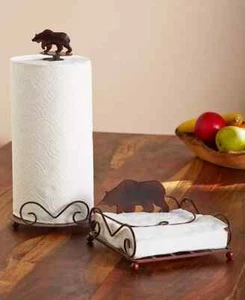 2Pc-Northwoods Evergreen Bear Paper Towel Holder Rustic Bear Napkin Holder Set - Picture 1 of 1