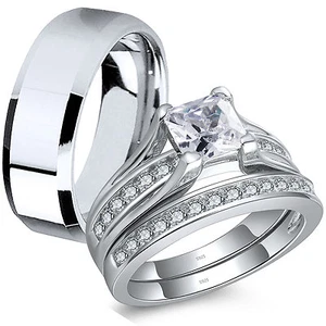 Hers 925 Sterling Silver His Stainless Steel Engagement Wedding Ring Band Set - Picture 1 of 7