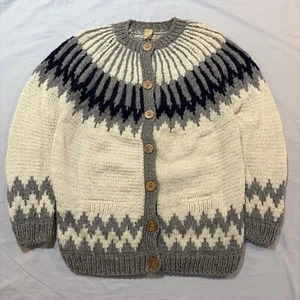 Cardigan maglione vintage lana Fair Isle uomo XL lavorato a mano Grecia avorio - Foto 1 di 11