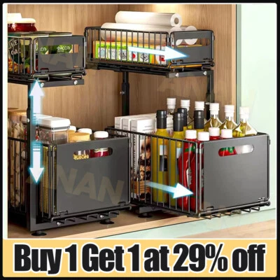 2 Tier Pull Out Basket Under Sink Kitchen Cupboard Organiser Drawer Storage Rack - Image 1 of 4