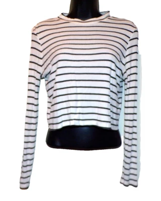 H&M Blanco Negro Rayas Crop Rib Tejido Camiseta Suéter Mujer Talla Mediana Elástica LB2 Foto 1 de 4