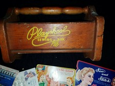 Rare Vintage Playskool Wooden Sewing Box/Basket W/ Vintage Sewing Items