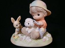 New ListingPrecious Moments-Country Lane-Boy And Rabbit Clipping Wool From Sheep-Retired+