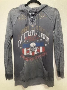 Affliction Gray Lace Up Studded Long Sleeve Skull Light Hoodie Womens Size M - Picture 1 of 3