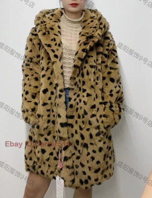 Womens 100% Real Rabbit Fur Hooded Casual Loose Jacket Coat Outwear Plus Size - Image 1 of 4
