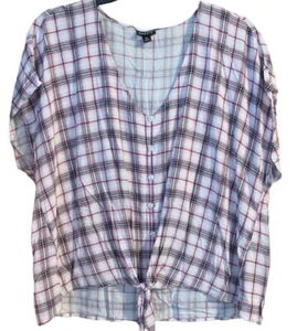 Torrid Womens Blouse Size 0 Purple Plaid Rayon Short Sleeve Tie Hem V Neck - Picture 1 of 4