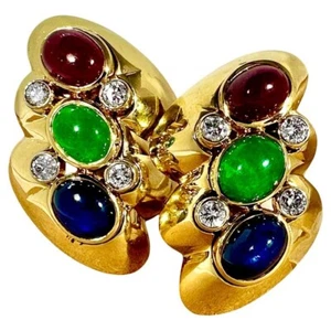 Vintage 18K Yellow Gold Cabochon Ruby, Emerald, Sapphire & Diamond Earrings - Picture 1 of 8