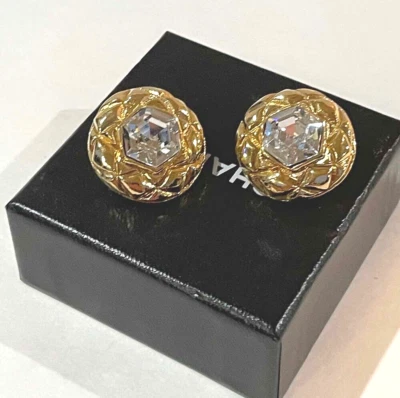 Pendientes Clip Vintage Auténticos CHANEL Acolchados Tono Dorado Grandes Estrás + Caja Foto 1 de 4