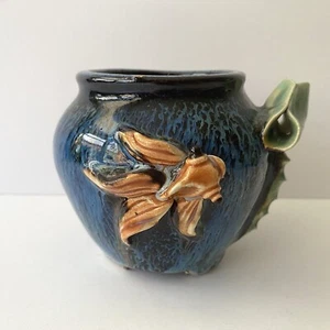3.5" Small Blue Studio Art Vase w/3D Goldfish & Lily Pad Pond Water Plant - Picture 1 of 9