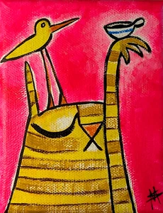 Original Katze Vogel Gemälde Sammlerstück "Tall Coffee" Volkskunst von Samantha McLean - Bild 1 von 1