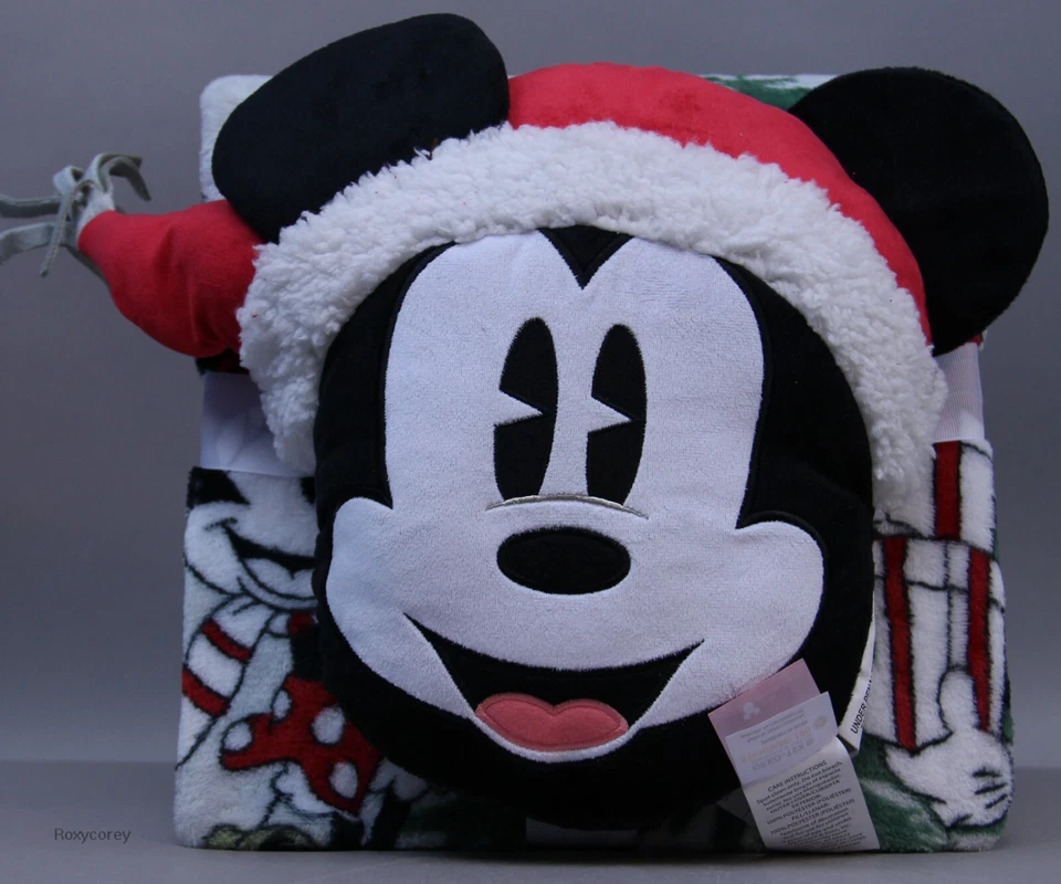 Disney Mickey Minnie Mouse Nogginz Pillow Travel Green Soft Blanket Set 45x55