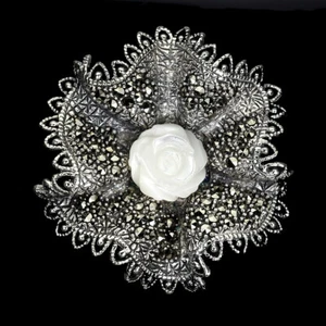 Verano 925 Broche de Plata Mop Flor Tallado Marcasita Gema Joyería Regalo - Imagen 1 de 10