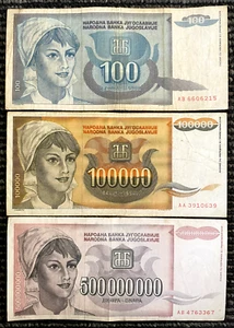 Yugoslavia 100,100000,500000000 Dinara 1990s Banknote Circulatated - Picture 1 of 2