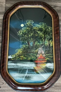 Antique Reverse Painted Bubble Glass Canoe Tipi Indian Native American Painting - Picture 1 of 13