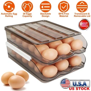 2-Layer Automatic Rolling Egg Holder Storage Box for Fridge Egg Container Tray - Picture 1 of 14