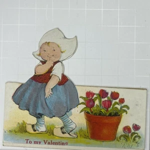 Viktorianische Valentinstag gestanzte Grußkarte Coy Holländisches Mädchen Tulpen - Bild 1 von 3