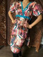 Boho Hippy Gypsy Tunic Dress Red Printed Tunic Summer Comfy Ethnic Kurti L/XL 