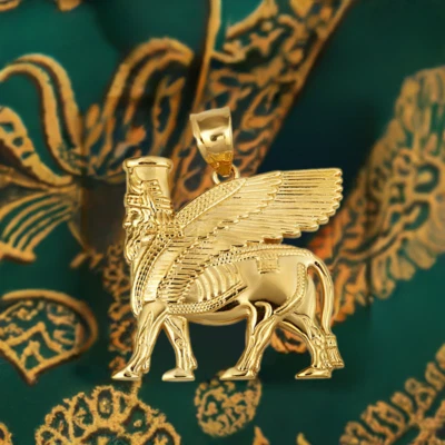 Gold Ancient Assyrian God Lamassu Winged Bull Pendant Necklace - Image 1 of 4