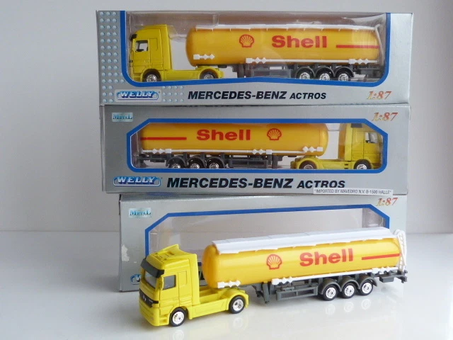 WELLY LOT DE 3 CAMIONS MERCEDES BENZ ACTROS ET LEUR REMORQUE SHELL 1/87 EME - Photo 1/1