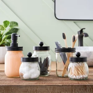 5 Pc Bathroom Accessory Set Glass Jars Black Top Soap Toothpaste Holder - Picture 1 of 10