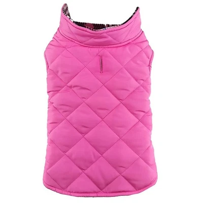 Doggie Design Reversible Fleece Lined Warm Puffer Dog Coat - Pink Plaid (XS-3XL) - Image 1 of 2