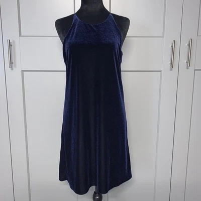 AQUA платье бархата с бретелью через шею Shift Midi платье темно-синий женщин Sz M с подкладкой коктейль - Изображение 1 из 4