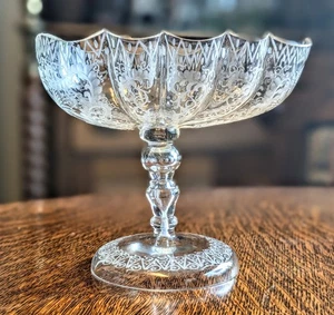 Victorian Etched Glass Tazza Compote Centerpiece Scalloped Candy Dish Antique  - Picture 1 of 6