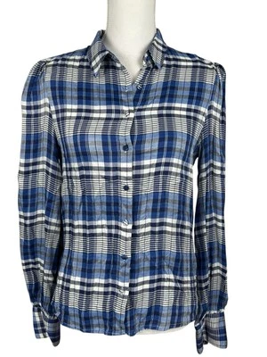 Camisa utilitaria MNG Mango para mujer talla XS franela a cuadros azul blanco con botones Foto 1 de 4