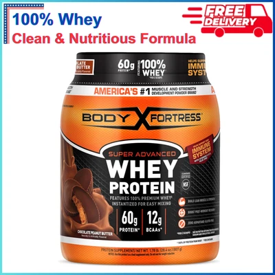 Body Fortress 100 % suero de leche, proteína en polvo premium, mantequilla de maní chocolate, 1,78 lb Foto 1 de 4