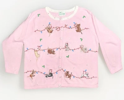 Quacker Factory LG Pink Playful Cat Christmas Light Holiday Sweater Cardigan Top - Image 1 of 4
