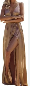 Satin Damen Träger Kleid Schlitz Einheitsgröße Neu Toupe - Bild 1 von 7