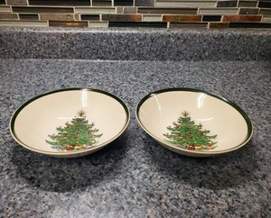 Set of 2 Cuthbertson Original Christmas Tree Cereal Bowls 6 3/8" wide green band - Picture 1 of 8