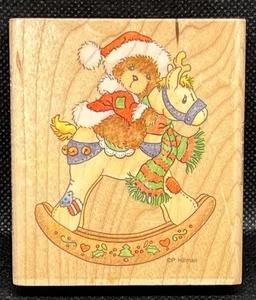 Stampendous Cherished Teddies BETH ROCKING HORSE Christmas Rubber Stamp Wood - Picture 1 of 5