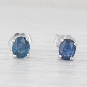1ctw Oval Blue Sapphire Solitaire Stud Earrings 14k White Gold - Picture 1 of 7