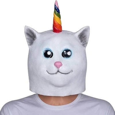 Unicorn Cat Mask Catacorn Latex Mask White Rainbow Horn Adult Size Halloween NEW - Image 1 of 2