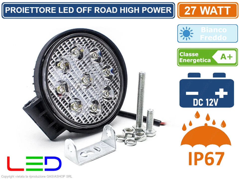 FARO LED OFF ROAD LUCE DI LAVORO SUPPLEMENTARE 12V 27W JEEP FUORISTRADA - IP67 - - Immagine 1 di 1