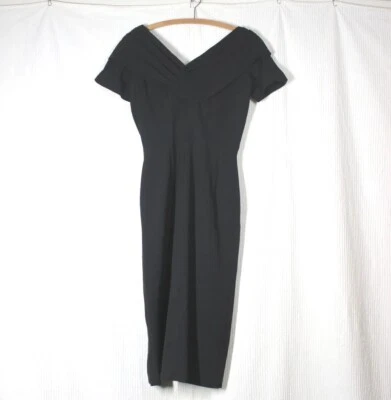 Vtg 50s SUZY PERETTE Black Dress Draped Low Neck Slim Skirt Xs/S w25 Pinup Rare  - Image 1 of 4