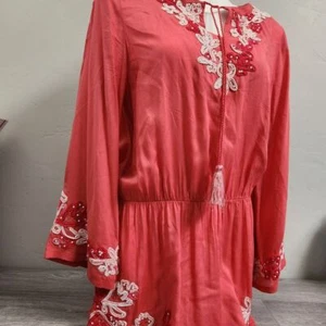 Soft Surroundings Corral Pink Tunic Top Size S Embroidered Boho Peasant Floral - Picture 1 of 11