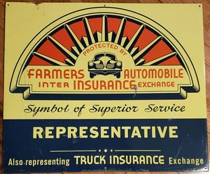 VERY RARE 1940'S FARMERS AUTOMOTIVE INTER INSURANCE EXCHANGE TIN SIGN 20" X 17" - Picture 1 of 9