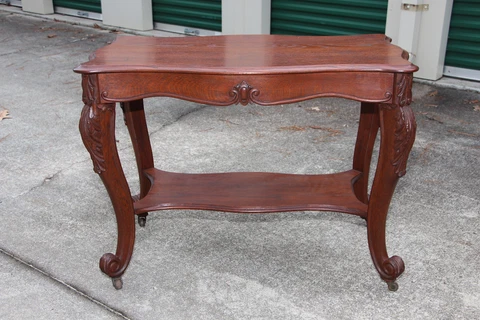 Premium Victorian Rococo Oak Scalloped Turtle Top Center Library Table ~ Ca.1850 Cover