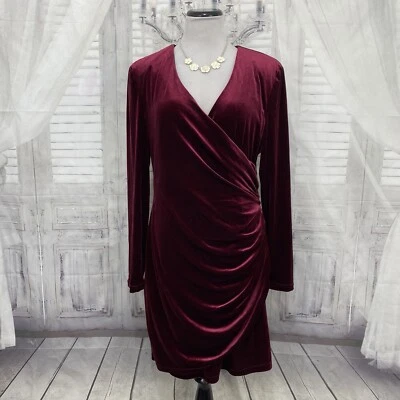 Vestido Alex Marie Talla 14 Manga Larga Borgoña Rojo Terciopelo Acanalado Imitación Envolvente B34 Foto 1 de 4