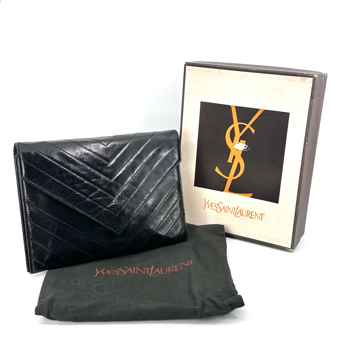Vintage YSL Clutch Bag Logo Black★ Auth Yves Saint Laurent Clutch Bag Handbag Black Vintage Chevron