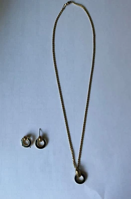 Halskette + 1 Paar Ohrstecker Modeschmuck  Fb. goldfarbig blau Kette 42 cm lang - Bild 1 von 4