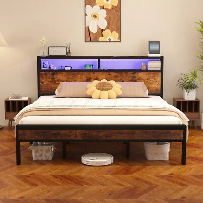 Bed Frame Full/Queen/King Size with 2-Tier Storage and LED Lights Headboard - Image 1 of 4