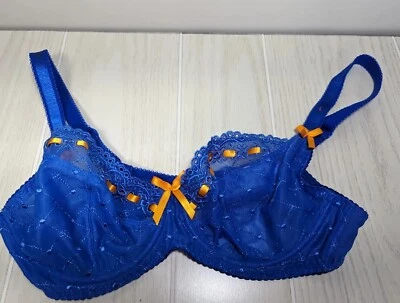 Curvy Kate blue w/ orange ribbon bows unlined underwire bra 32DD - Image 1 of 4
