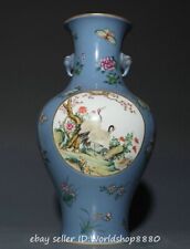 13.6" Qianlong Marked Azure Glazed Porcelain Crane Flower Pattern Bottle Vase